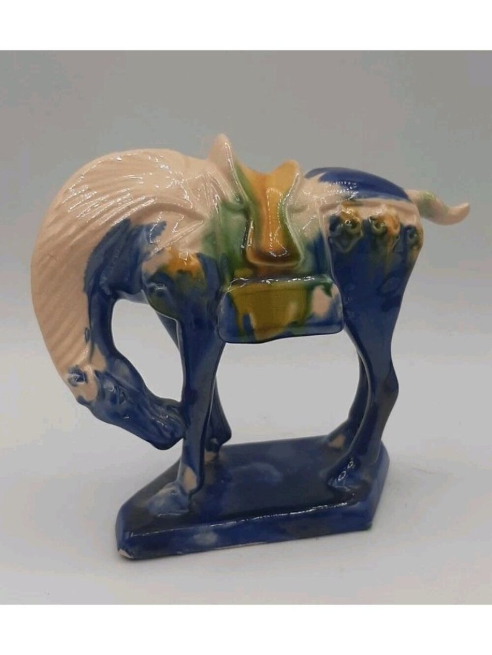 Vintage Blue Chinese Tang Dynasty Drip Style Glaze Ceramic War Horse Figurine